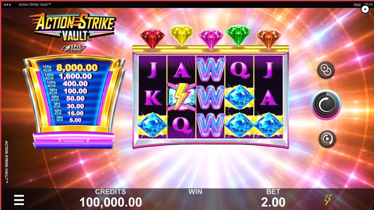 Action Strike Vault slot machine interface na may neon space theme