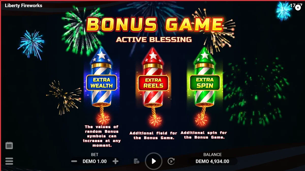 Liberty Fireworks 3 Pots slot game screen na may mga makukulay na paputok at simbolo ng Amerika.