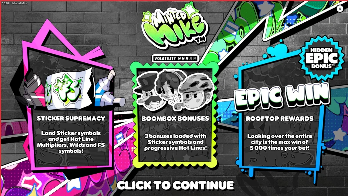 Minted Mike slot game screen na nagpapakita ng graffiti theme at neon visuals